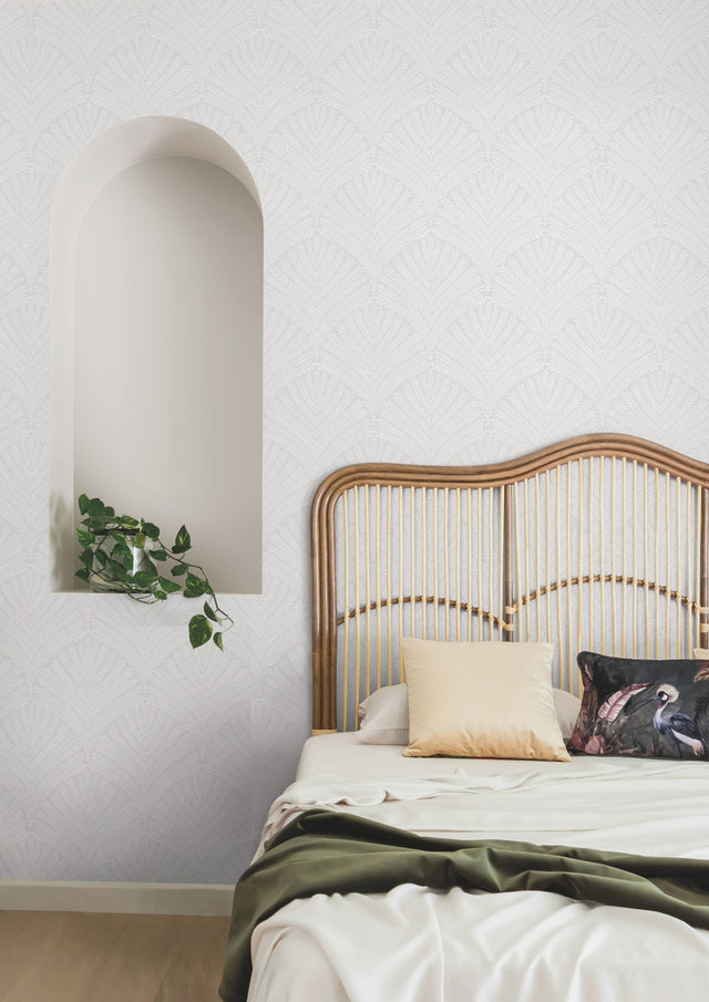 Beachcomber Light Grey & White Wallpaper with Botanical Shell Fan Motif - York MN1874