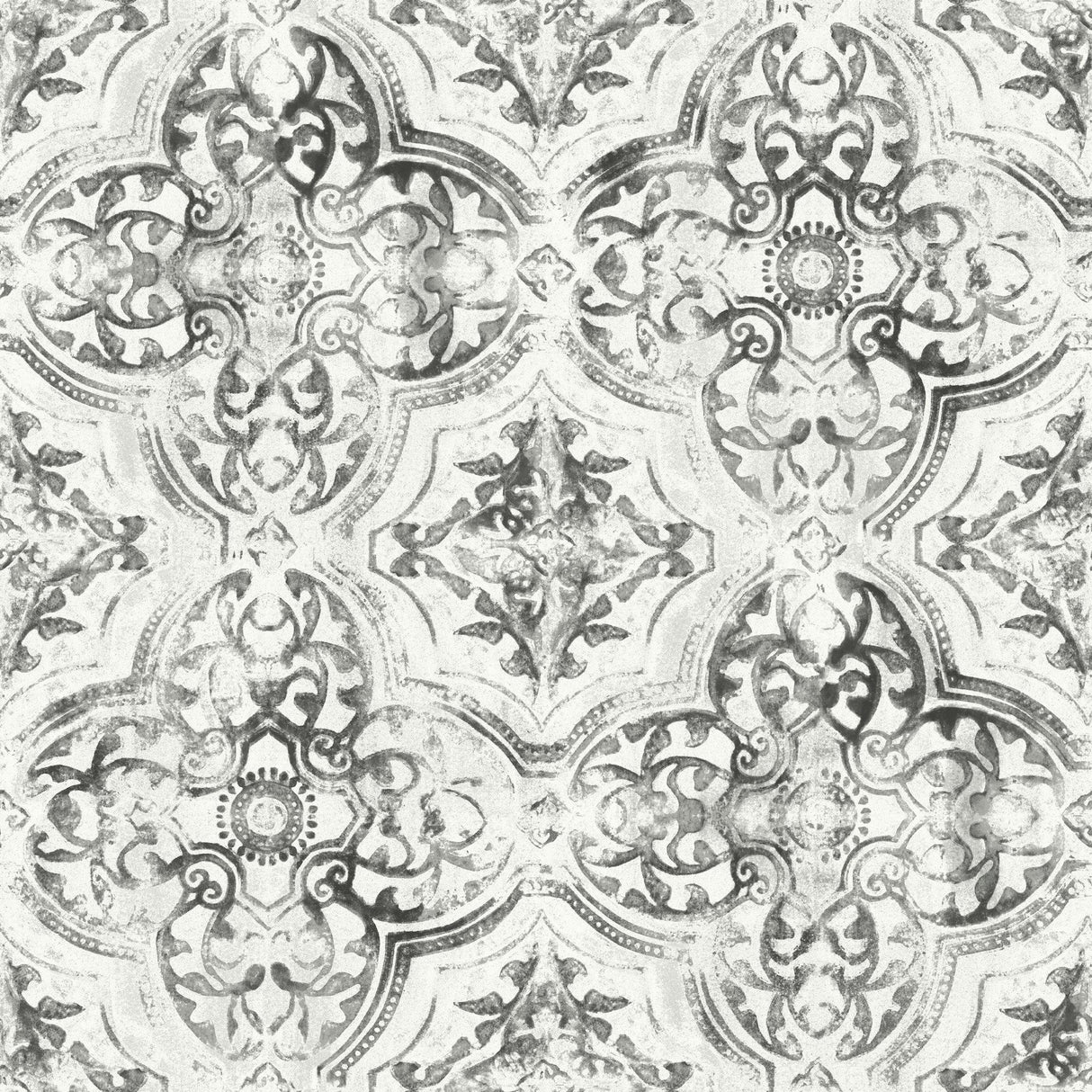 Quartet White & Black Wallpaper with Mediterranean Bohemian Quatrefoil Medallion - York MN1890