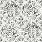 Quartet White & Black Wallpaper with Mediterranean Bohemian Quatrefoil Medallion - York MN1890