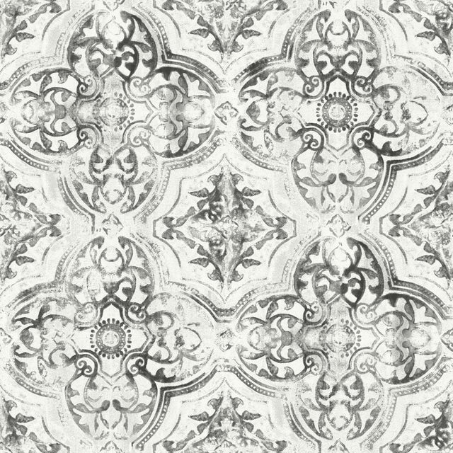 Quartet White & Black Wallpaper with Mediterranean Bohemian Quatrefoil Medallion - York MN1890