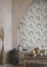 Quartet White & Black Wallpaper with Mediterranean Bohemian Quatrefoil Medallion - York MN1890