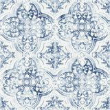 Quartet White & Blue Wallpaper with Bohemian Quatrefoil Medallion Pattern - York MN1891