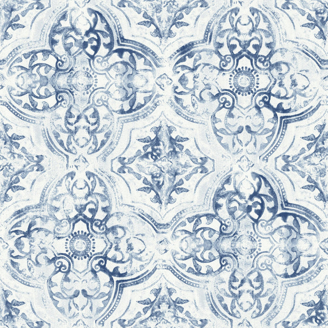 Quartet White & Blue Wallpaper with Bohemian Quatrefoil Medallion Pattern - York MN1891