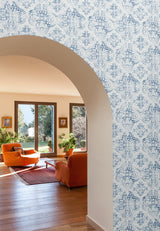 Quartet White & Blue Wallpaper with Bohemian Quatrefoil Medallion Pattern - York MN1891