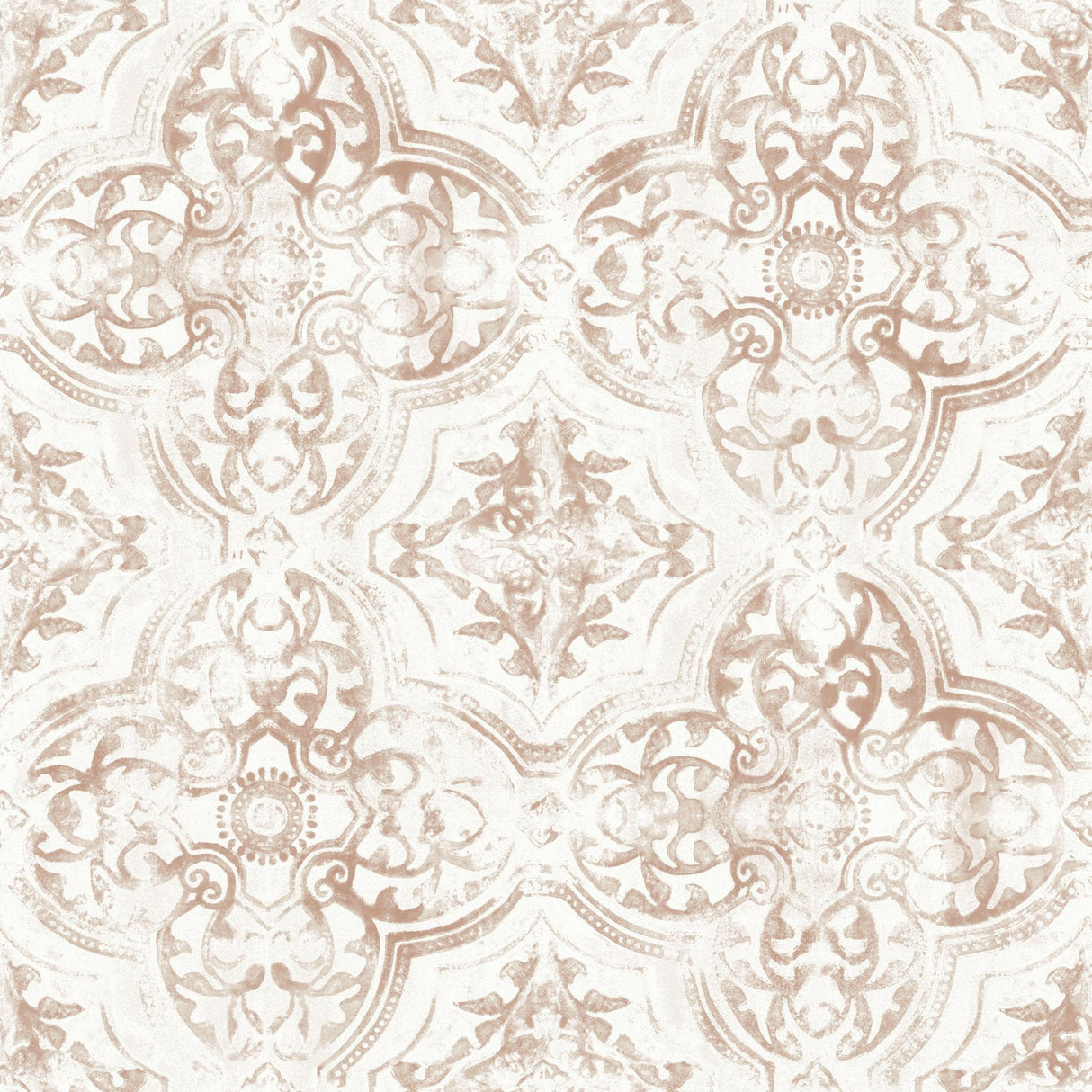 Quartet Off White & Tan Wallpaper with Mediterranean Bohemian Quatrefoil Medallion Pattern - York MN1892