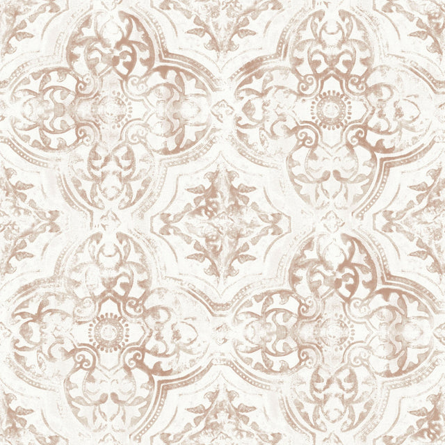 Quartet Off White & Tan Wallpaper with Mediterranean Bohemian Quatrefoil Medallion Pattern - York MN1892