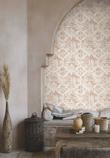 Quartet Off White & Tan Wallpaper with Mediterranean Bohemian Quatrefoil Medallion Pattern - York MN1892