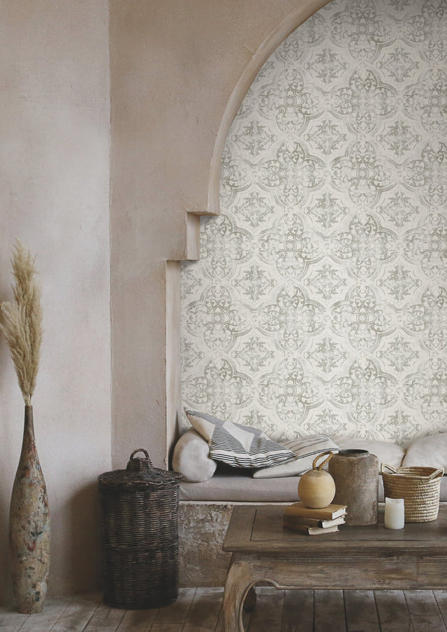 Quartet White & Neutral Wallpaper with Bohemian Medallion Tile Pattern - York MN1893