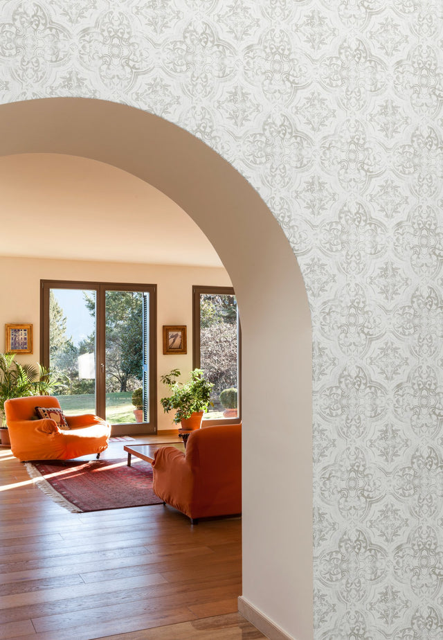 Quartet White & Neutral Wallpaper with Bohemian Medallion Tile Pattern - York MN1893