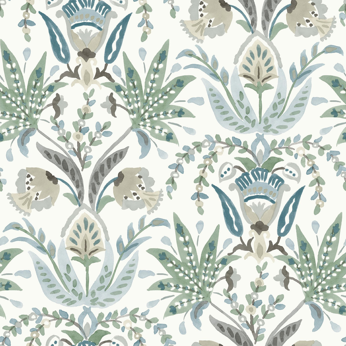 Seaside Jacobean Green & Blue Wallpaper with Mediterranean Floral Jacobean Motif - York MN1910