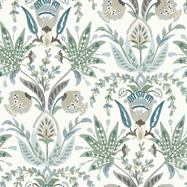 Seaside Jacobean Green & Blue Wallpaper with Mediterranean Floral Jacobean Motif - York MN1910