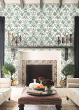 Seaside Jacobean Green & Blue Wallpaper with Mediterranean Floral Jacobean Motif - York MN1910