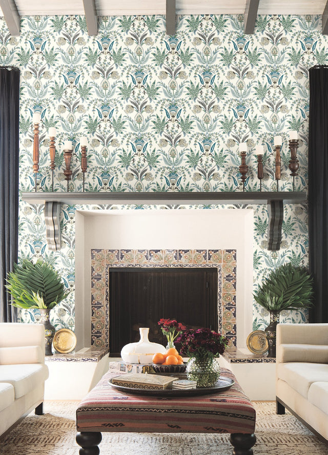 Seaside Jacobean Green & Blue Wallpaper with Mediterranean Floral Jacobean Motif - York MN1910