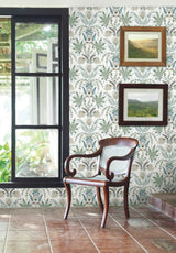Seaside Jacobean Green & Blue Wallpaper with Mediterranean Floral Jacobean Motif - York MN1910