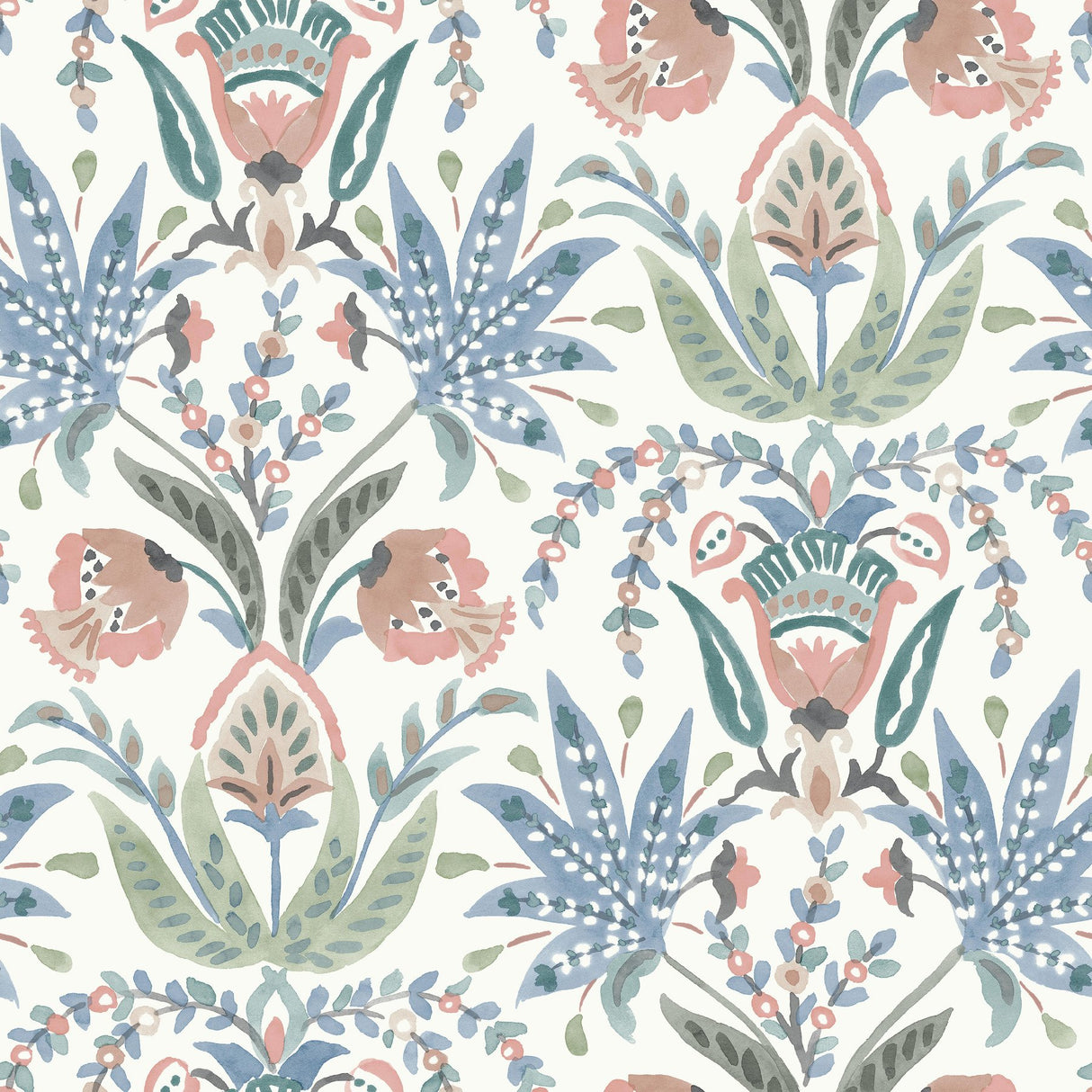 Seaside Jacobean Pink & Blue Wallpaper with Mediterranean Floral Jacobean Motif - York MN1912