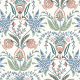 Seaside Jacobean Pink & Blue Wallpaper with Mediterranean Floral Jacobean Motif - York MN1912