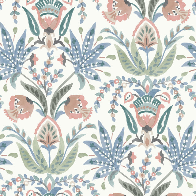 Seaside Jacobean Pink & Blue Wallpaper with Mediterranean Floral Jacobean Motif - York MN1912
