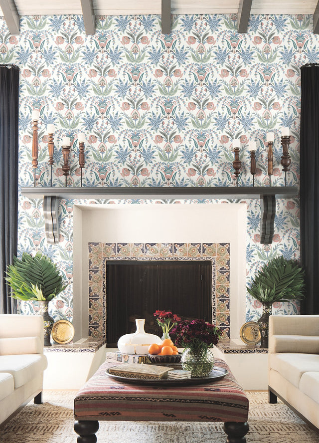 Seaside Jacobean Pink & Blue Wallpaper with Mediterranean Floral Jacobean Motif - York MN1912