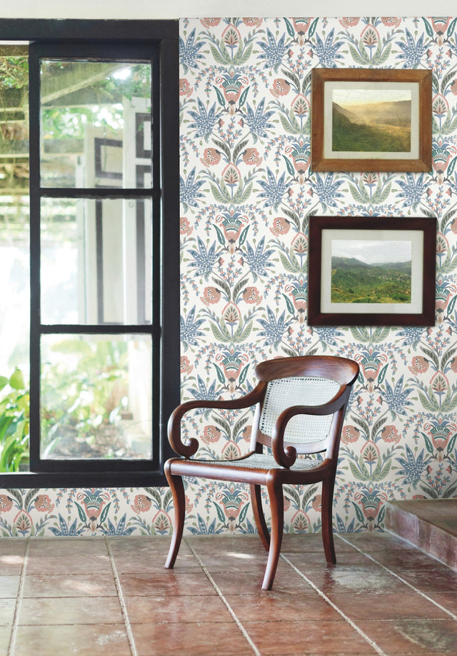 Seaside Jacobean Pink & Blue Wallpaper with Mediterranean Floral Jacobean Motif - York MN1912