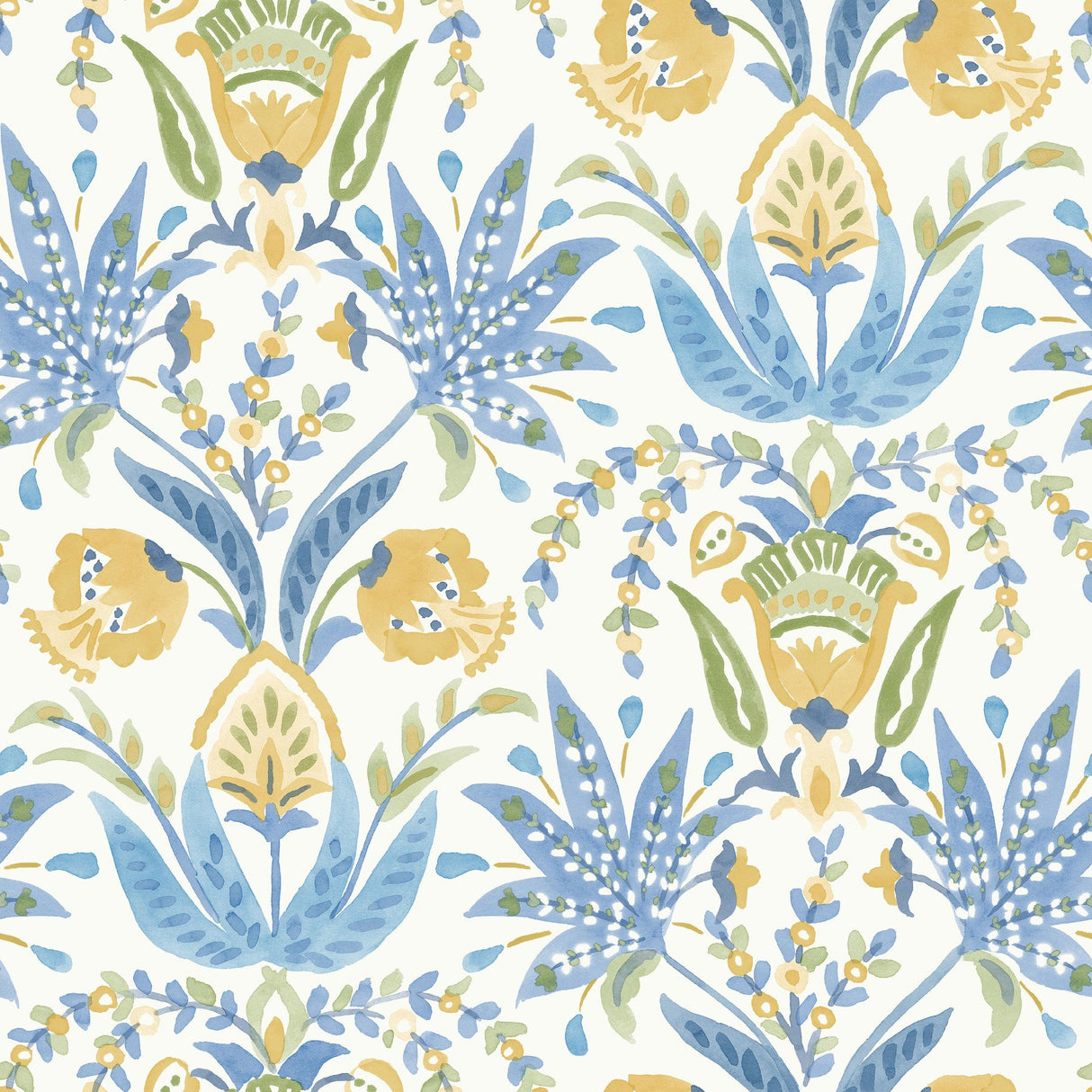 Seaside Jacobean Yellow & Blue Wallpaper with Mediterranean Floral Jacobean Motif - York MN1913
