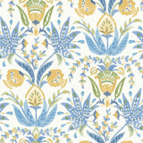 Seaside Jacobean Yellow & Blue Wallpaper with Mediterranean Floral Jacobean Motif - York MN1913