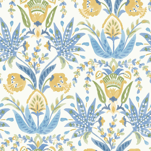 Seaside Jacobean Yellow & Blue Wallpaper with Mediterranean Floral Jacobean Motif - York MN1913