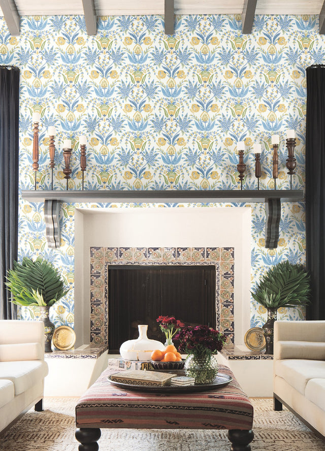 Seaside Jacobean Yellow & Blue Wallpaper with Mediterranean Floral Jacobean Motif - York MN1913