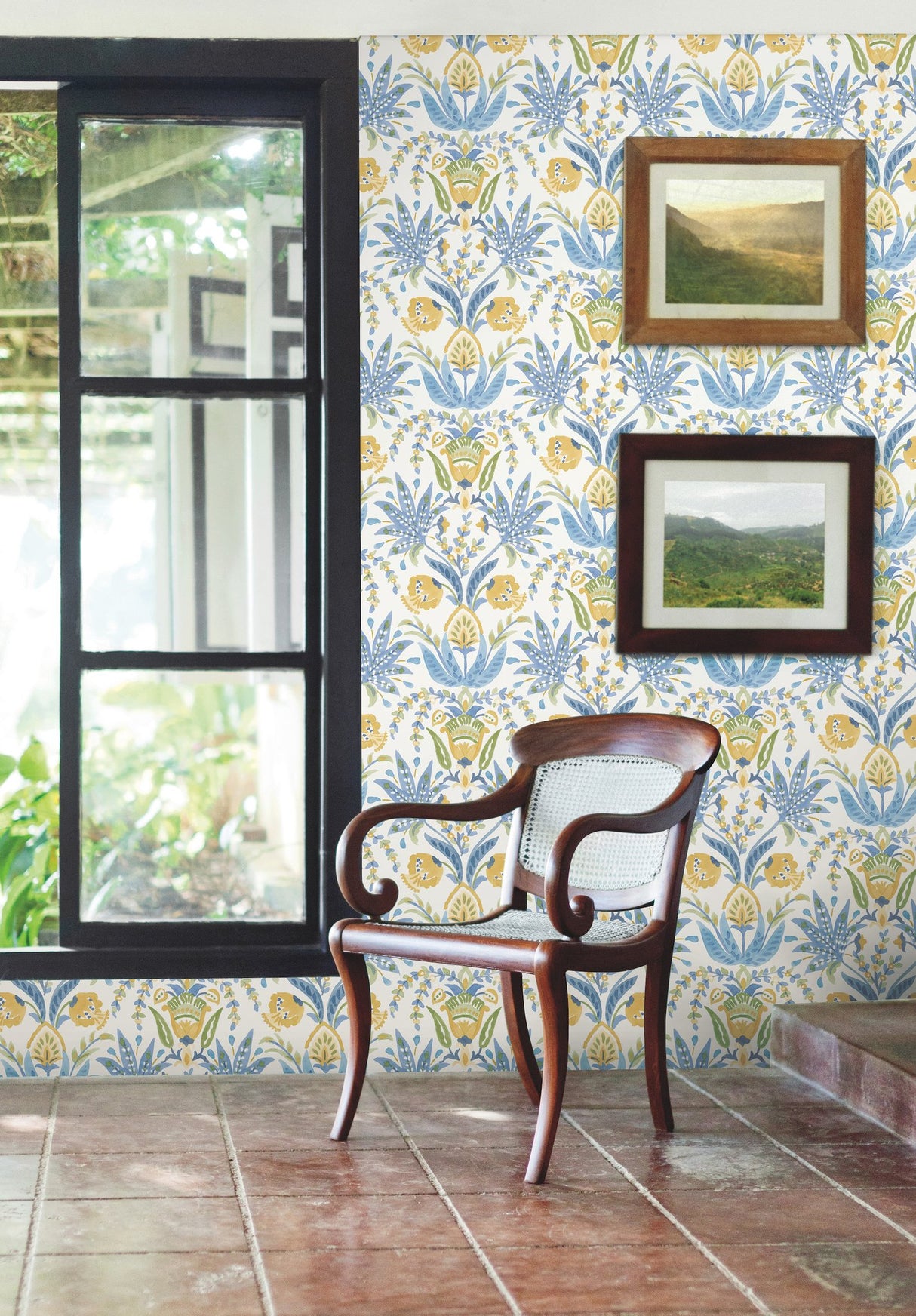Seaside Jacobean Yellow & Blue Wallpaper with Mediterranean Floral Jacobean Motif - York MN1913