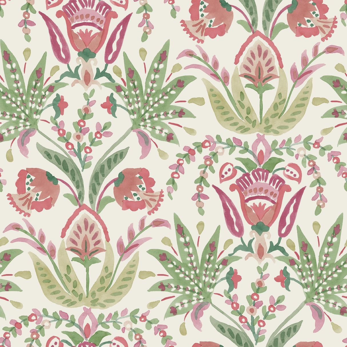 Seaside Jacobean Green & Red Wallpaper with Mediterranean Floral Motif - York MN1914