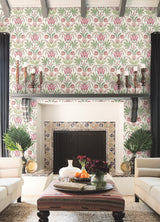 Seaside Jacobean Green & Red Wallpaper with Mediterranean Floral Motif - York MN1914