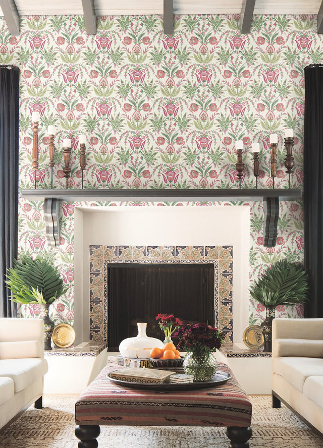Seaside Jacobean Green & Red Wallpaper with Mediterranean Floral Motif - York MN1914