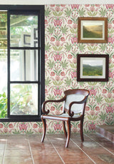 Seaside Jacobean Green & Red Wallpaper with Mediterranean Floral Motif - York MN1914