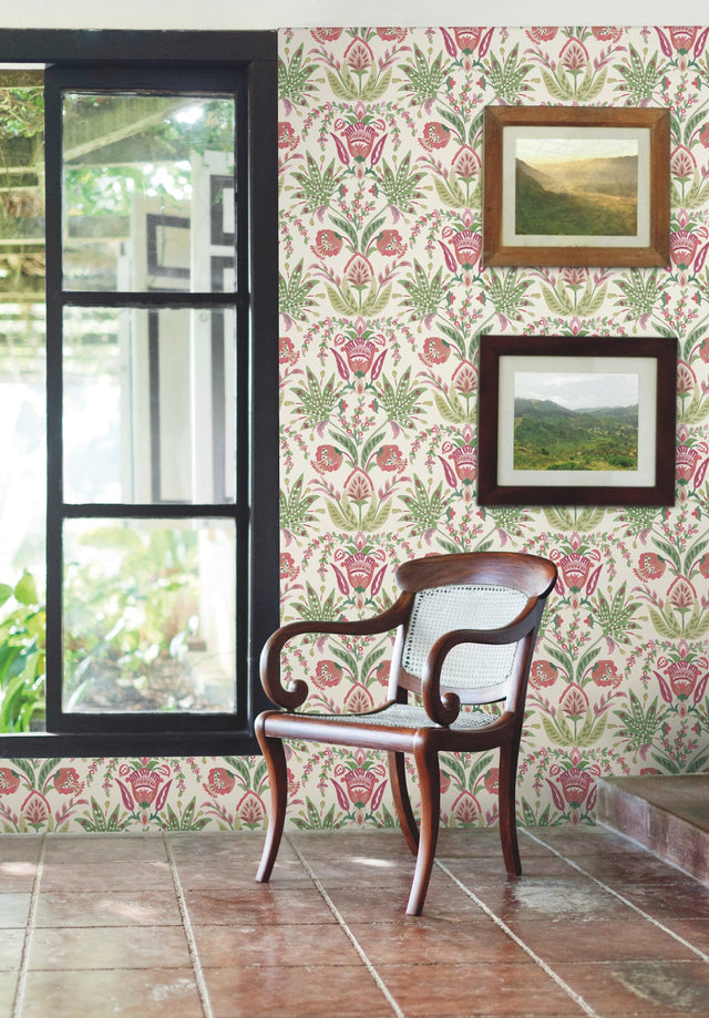 Seaside Jacobean Green & Red Wallpaper with Mediterranean Floral Motif - York MN1914