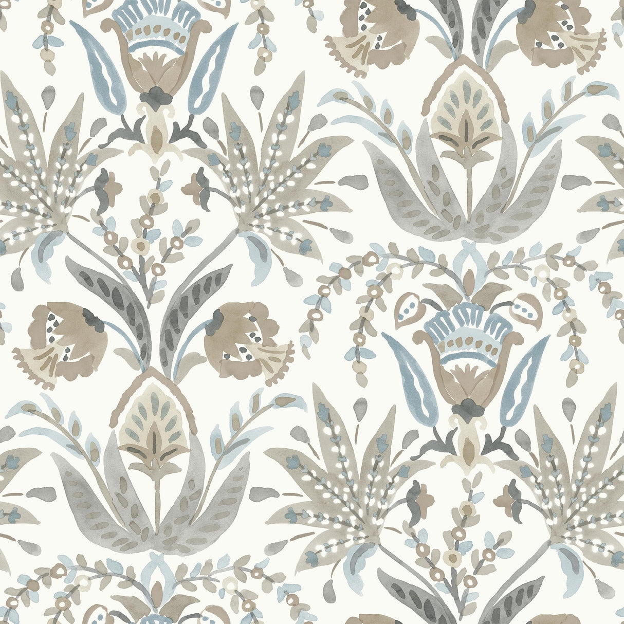 Seaside Jacobean Taupe & Blue Wallpaper with Mediterranean Floral Jacobean Motif - York MN1915