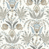 Seaside Jacobean Taupe & Blue Wallpaper with Mediterranean Floral Jacobean Motif - York MN1915