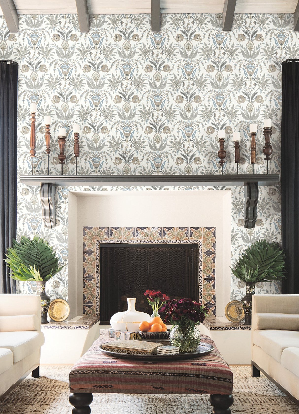 Seaside Jacobean Taupe & Blue Wallpaper with Mediterranean Floral Jacobean Motif - York MN1915