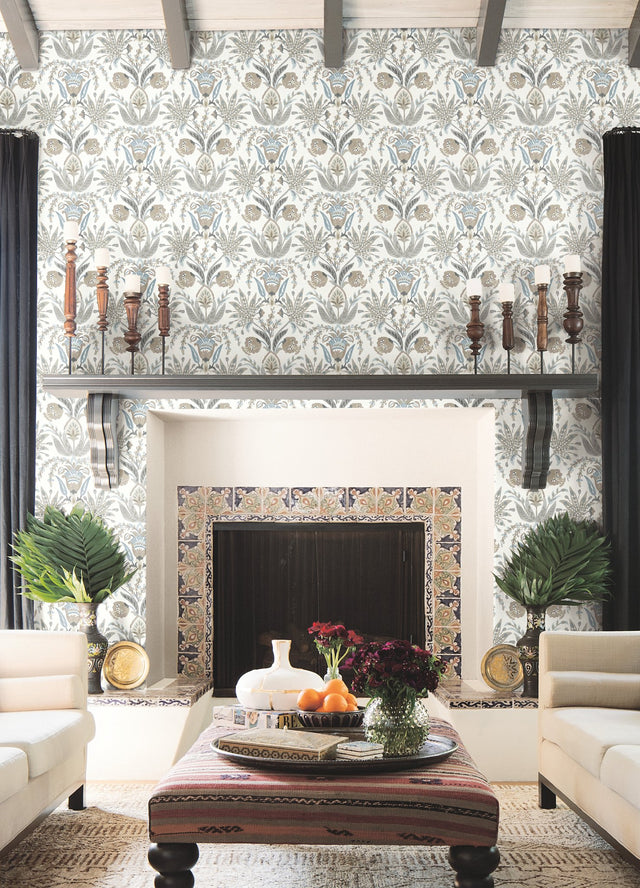 Seaside Jacobean Taupe & Blue Wallpaper with Mediterranean Floral Jacobean Motif - York MN1915