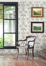 Seaside Jacobean Taupe & Blue Wallpaper with Mediterranean Floral Jacobean Motif - York MN1915