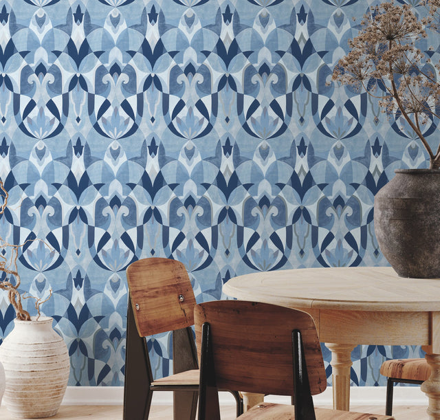 Malta Blue & Silver Geometric Sure Strip Prepasted Wallpaper - York MN1920