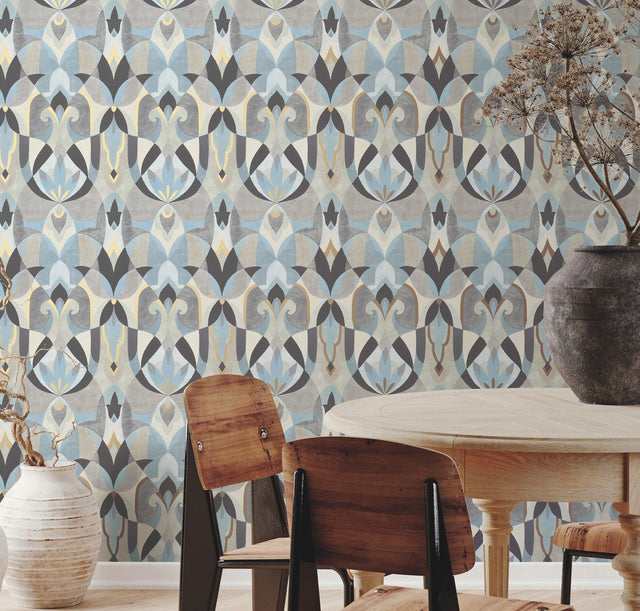 Malta Neutral & Blue Geometric Sure Strip Wallpaper - York MN1921