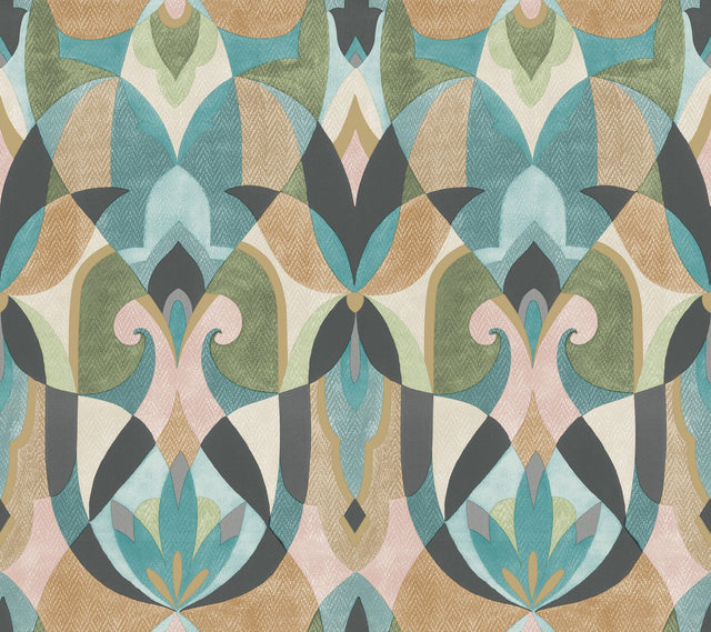 Malta Teal & Gold Wallpaper with Geometric Stained-Glass Motif - York MN1923