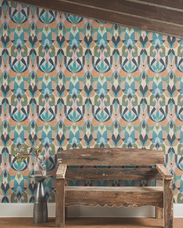 Malta Teal & Gold Wallpaper with Geometric Stained-Glass Motif - York MN1923