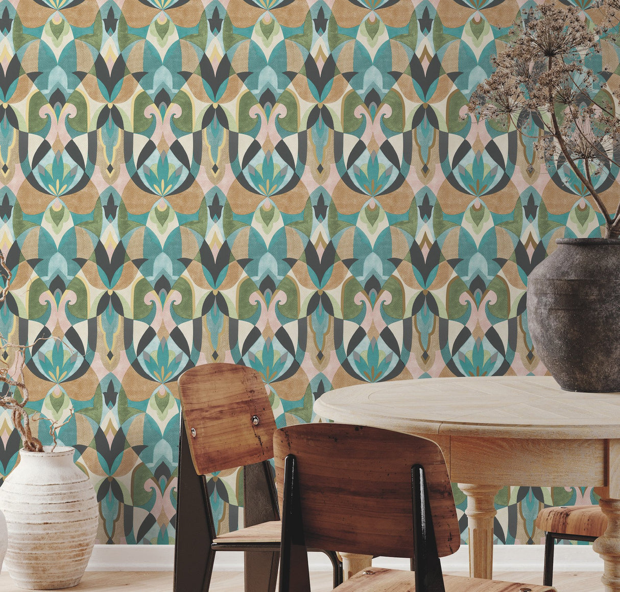 Malta Teal & Gold Wallpaper with Geometric Stained-Glass Motif - York MN1923