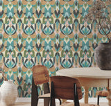 Malta Teal & Gold Wallpaper with Geometric Stained-Glass Motif - York MN1923