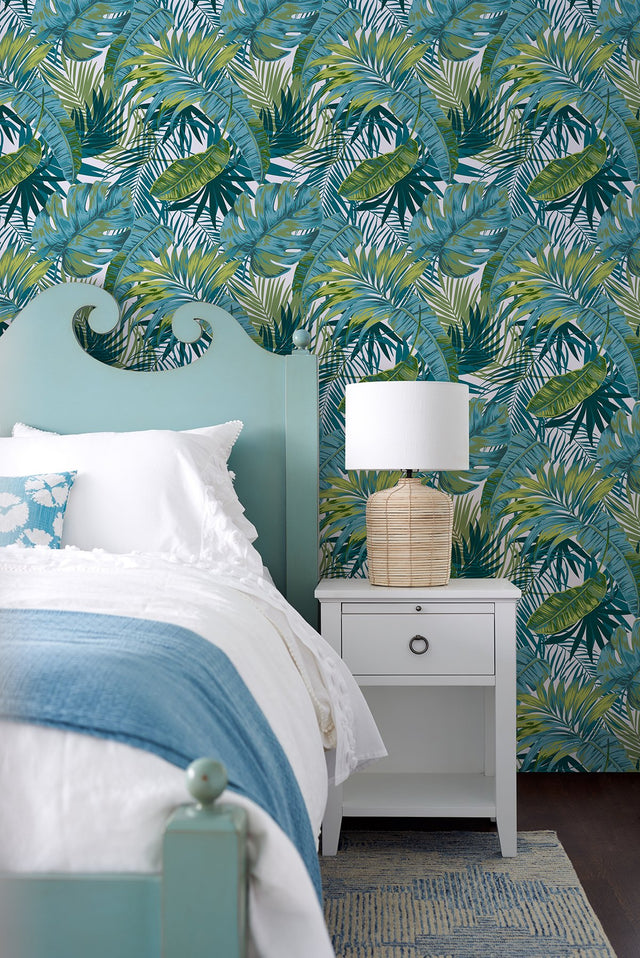 Bangalow Tropical Palm Green Peel & Stick Wallpaper with Botanical Leaf Motif, Bohemian Style - MS6135