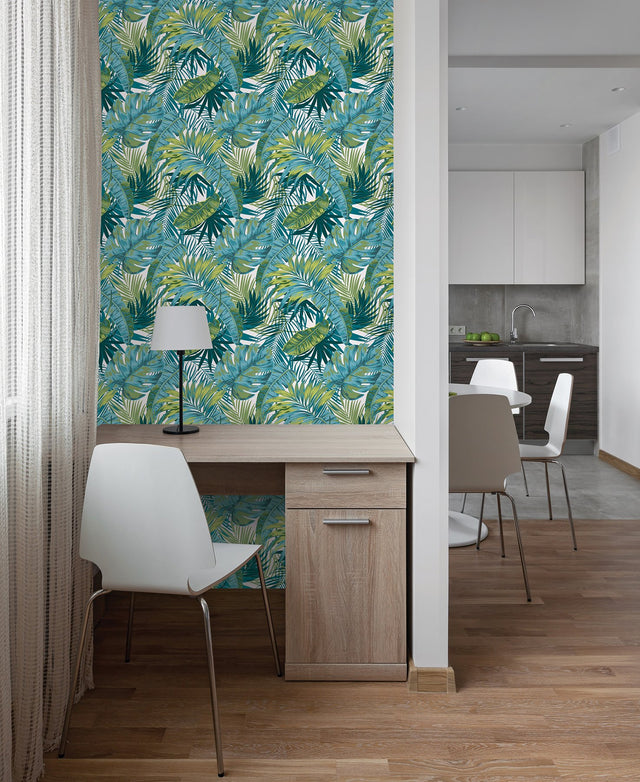 Bangalow Tropical Palm Green Peel & Stick Wallpaper with Botanical Leaf Motif, Bohemian Style - MS6135