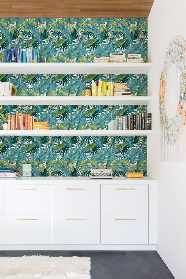 Bangalow Tropical Palm Green Peel & Stick Wallpaper with Botanical Leaf Motif, Bohemian Style - MS6135