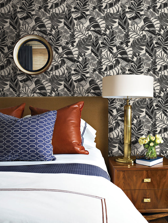 Pindo Wood Cut Palm Black Peel & Stick Wallpaper with Botanical Leaf Pattern, Bohemian Style - MS6136