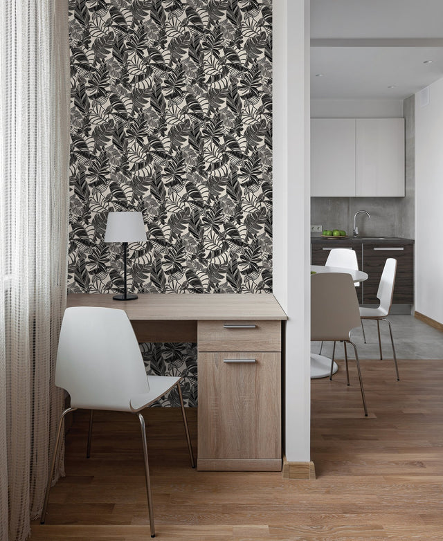 Pindo Wood Cut Palm Black Peel & Stick Wallpaper with Botanical Leaf Pattern, Bohemian Style - MS6136