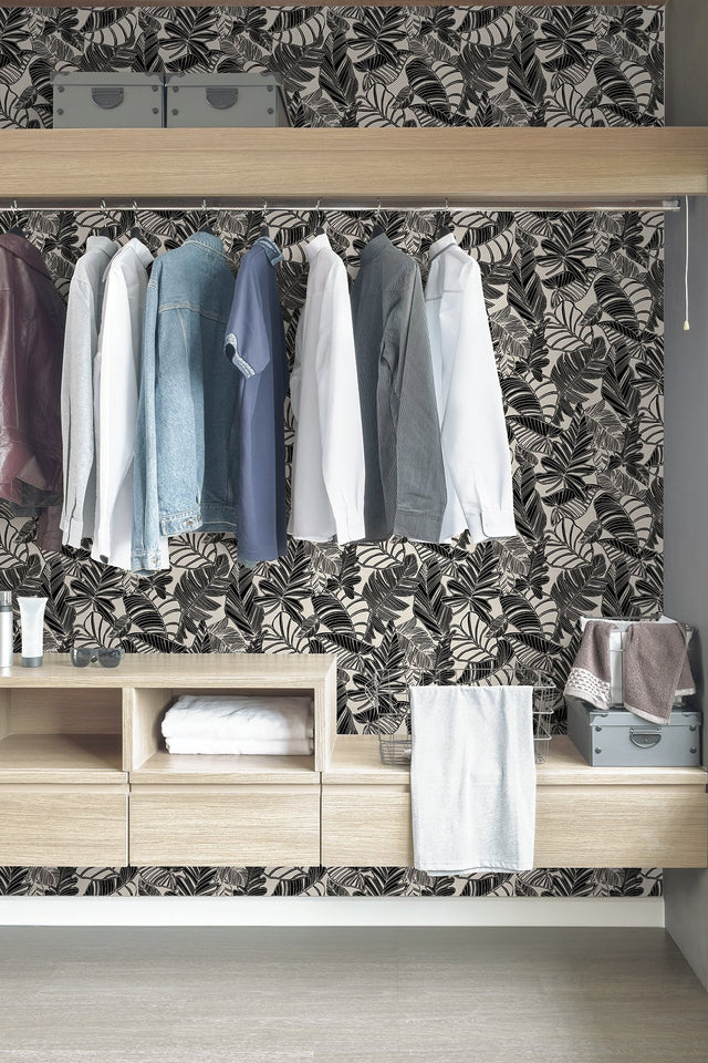Pindo Wood Cut Palm Black Peel & Stick Wallpaper with Botanical Leaf Pattern, Bohemian Style - MS6136